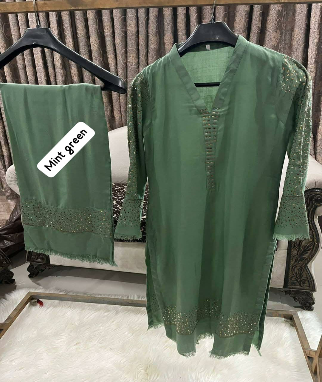 Pashmina Saroski Coord Set (Mint Green)