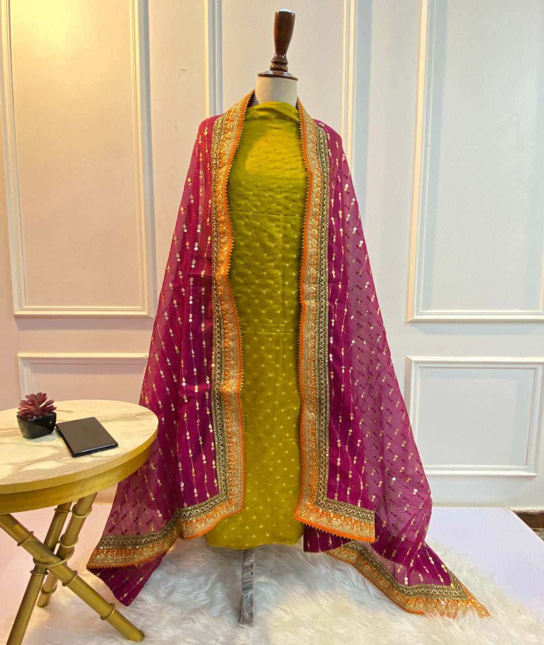 Fancy Banarsi 3 pc suit (Mehndi)