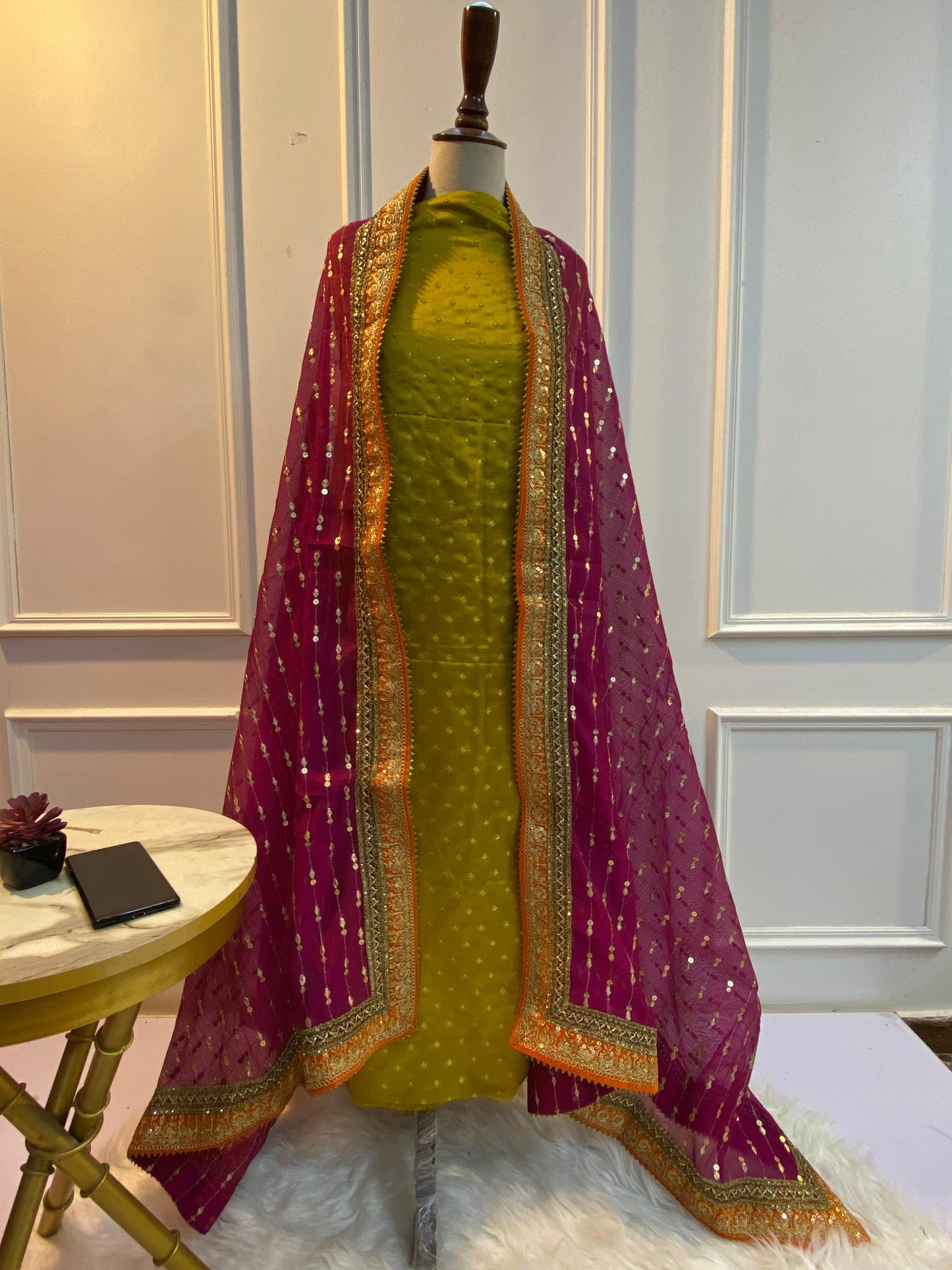 Fancy Banarsi 3 pc suit (Mehndi)