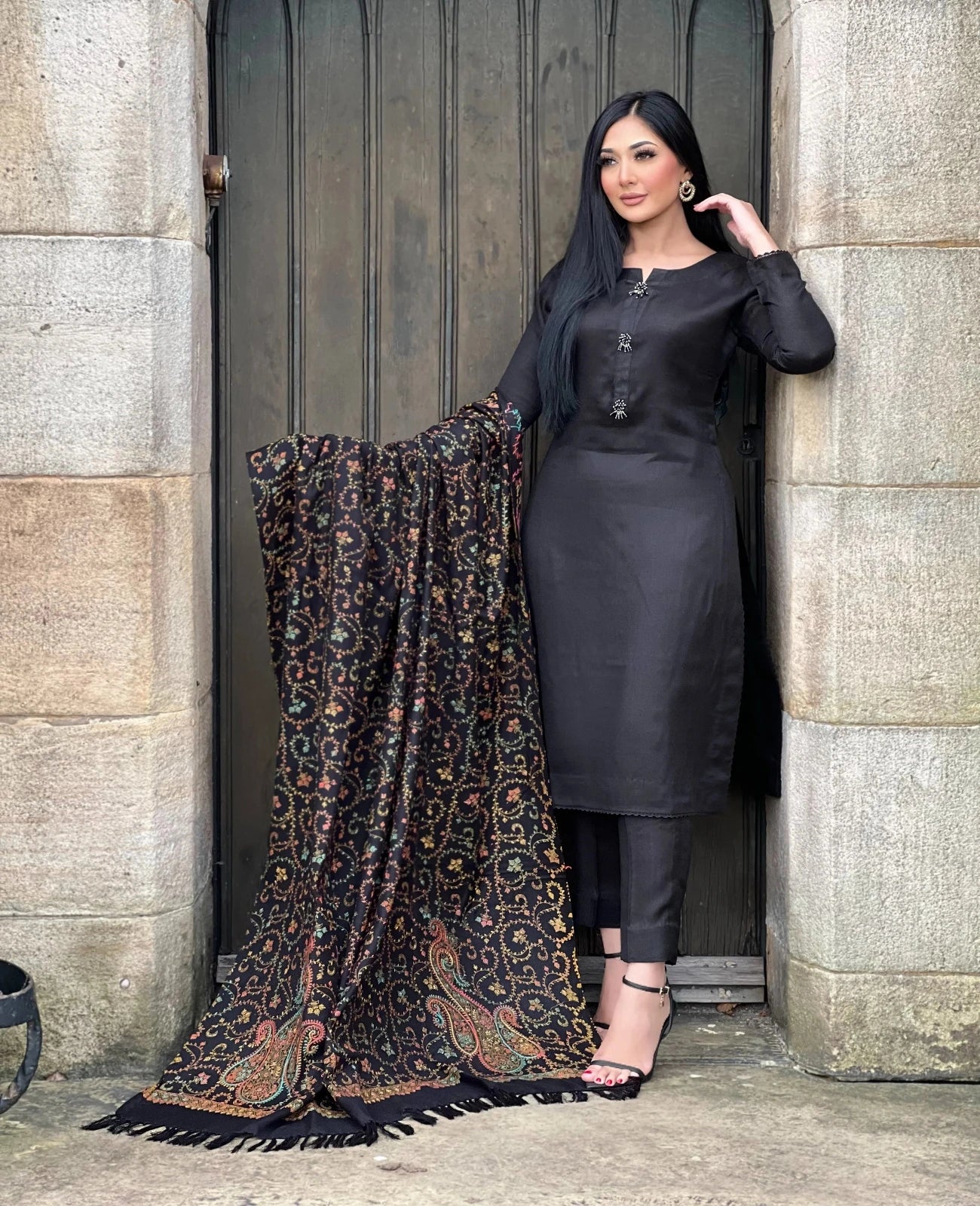3PC Pashmina Unstitched Suit (Black)