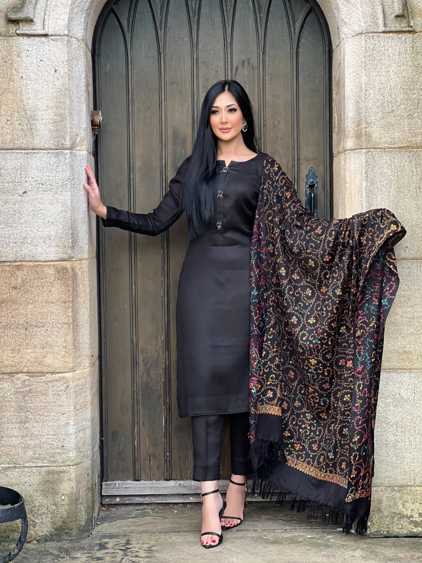 3PC Pashmina Unstitched Suit (Black)