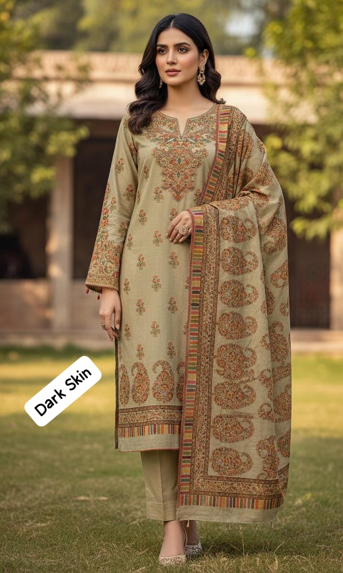 3PC Pashmina Kaani Unstitched Suit (Dark skin)