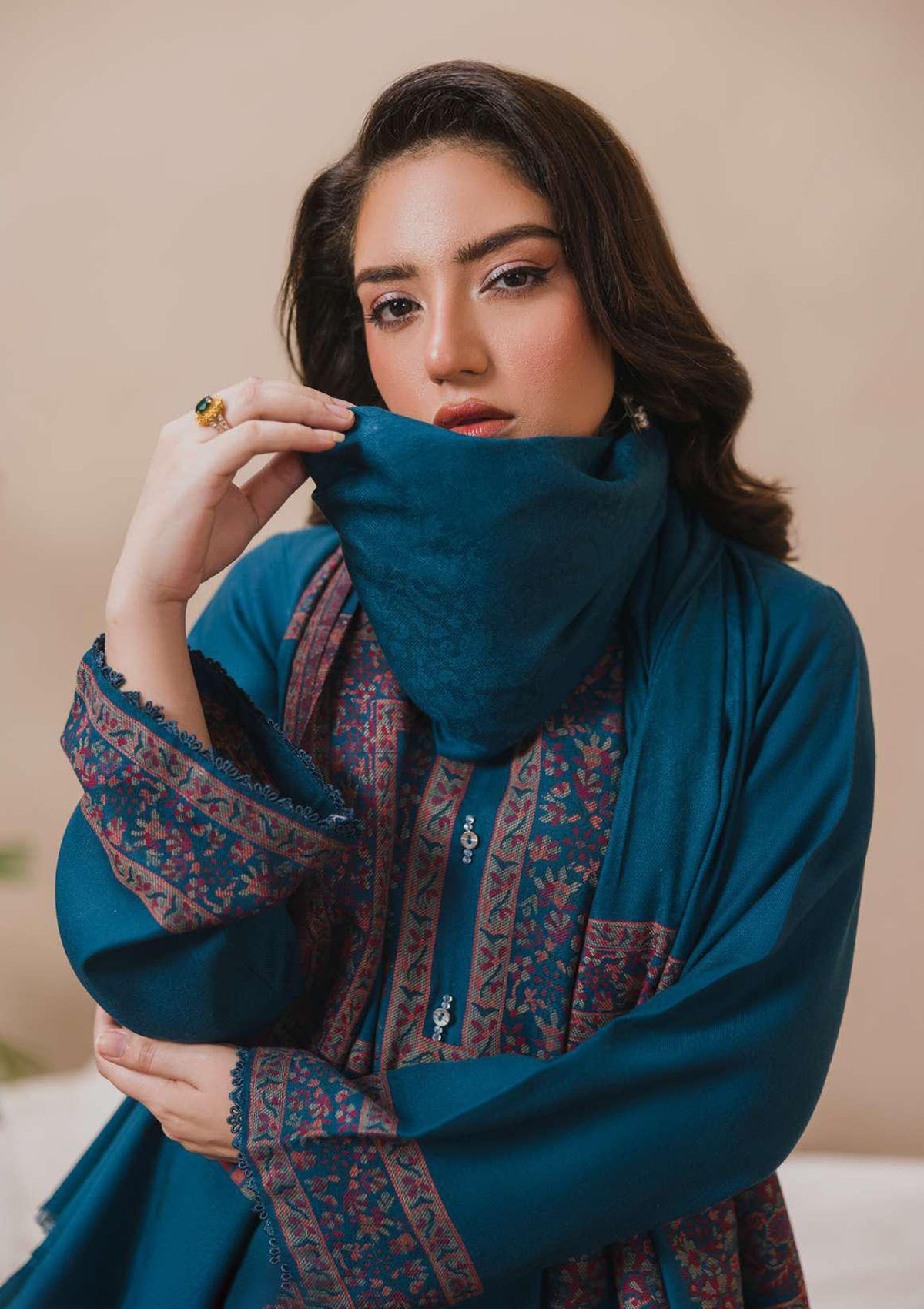 3PC Pashmina Kaani Unstitched Suit (zinc green)