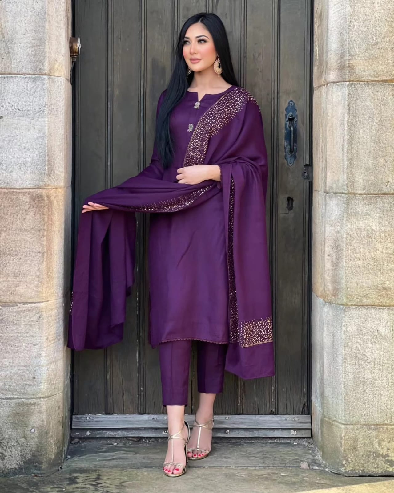 3PC Pashmina Saroski Unstitched Suit (Purple)