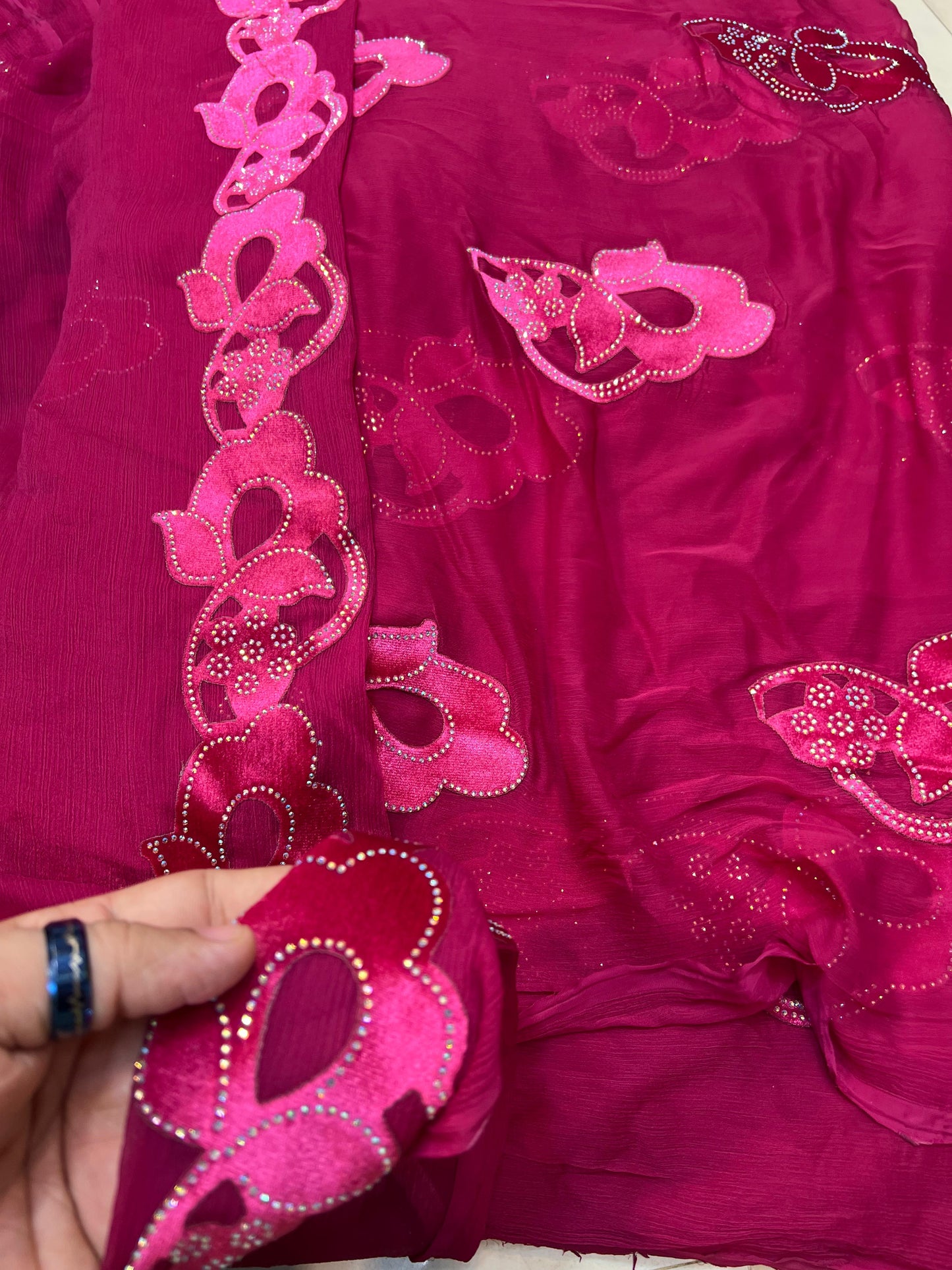 Chiffon velvet applic work 3pc
