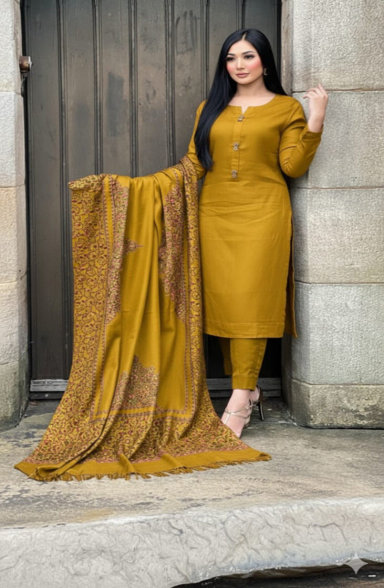 3PC Pashmina Unstitched Suit (Mustred)