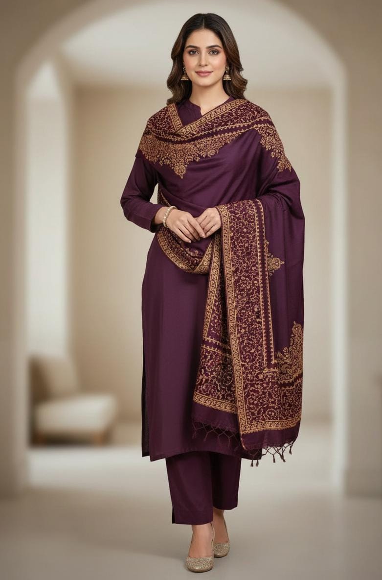 3PC Pashmina Kacha tanka Unstitched Suit (Plum)