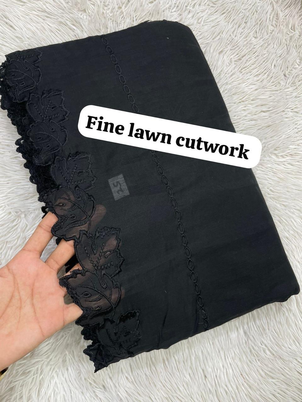 Voile Lawn Dupatta Black Cutwork leaves
