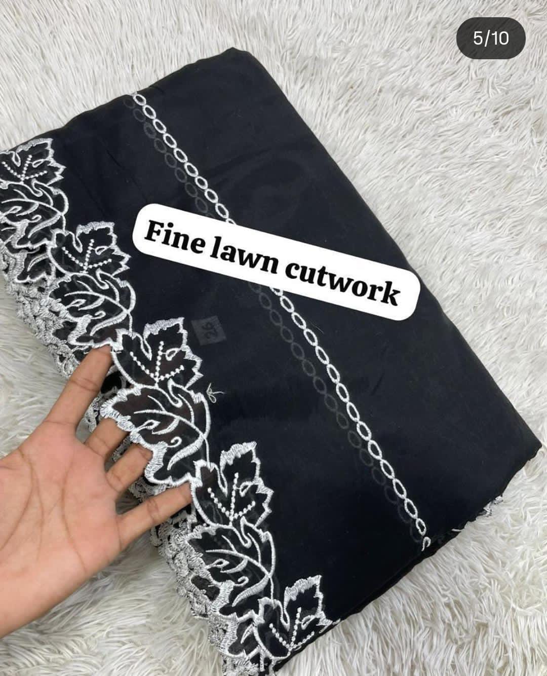 Voile Lawn Black On White Cutwork Leaves