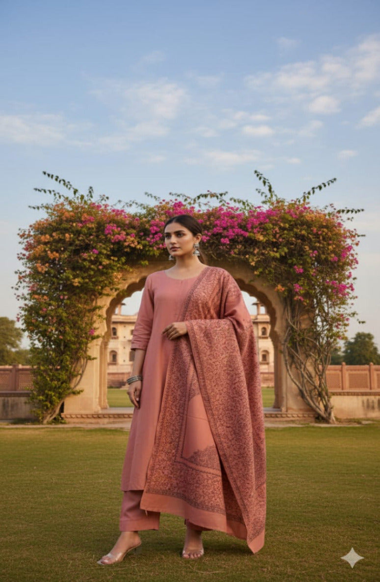 3PC Pashmina Kacha tanka Unstitched Suit (Peach)