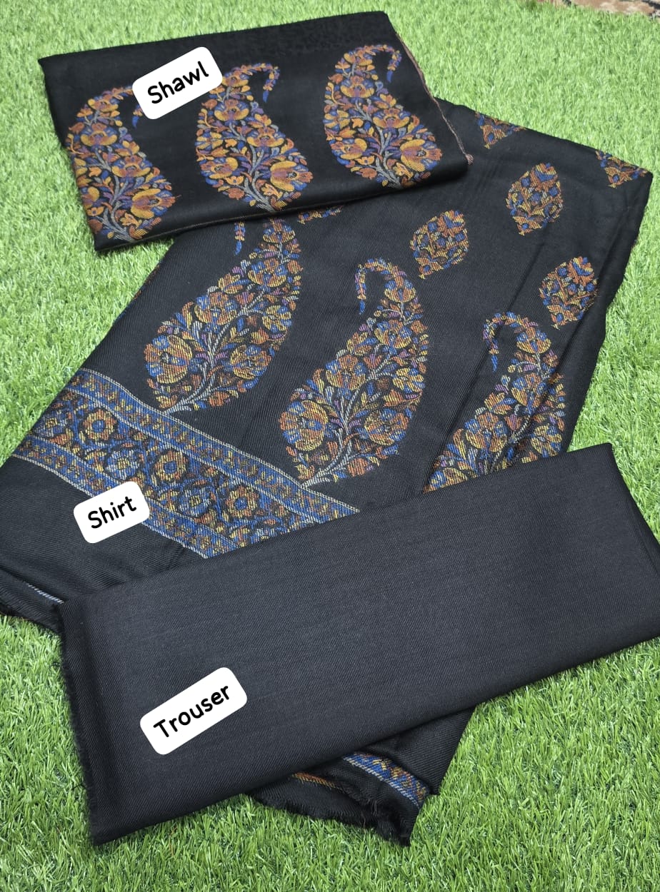 3PC Pashmina Kaani Unstitched Suit (black)