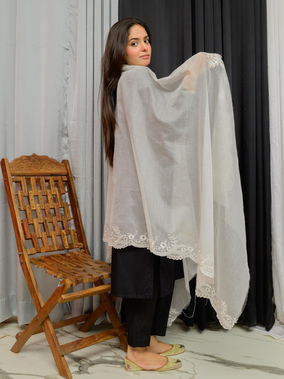 Pure Lawn Dupatta Half Moon (white)
