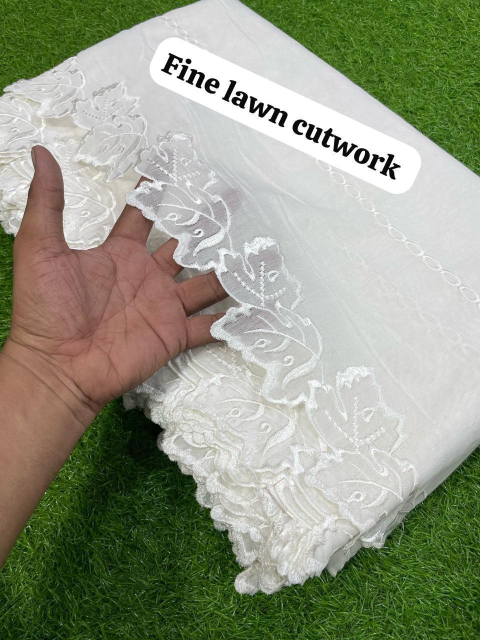 Voile Lawn White on White Cutwork Leaves