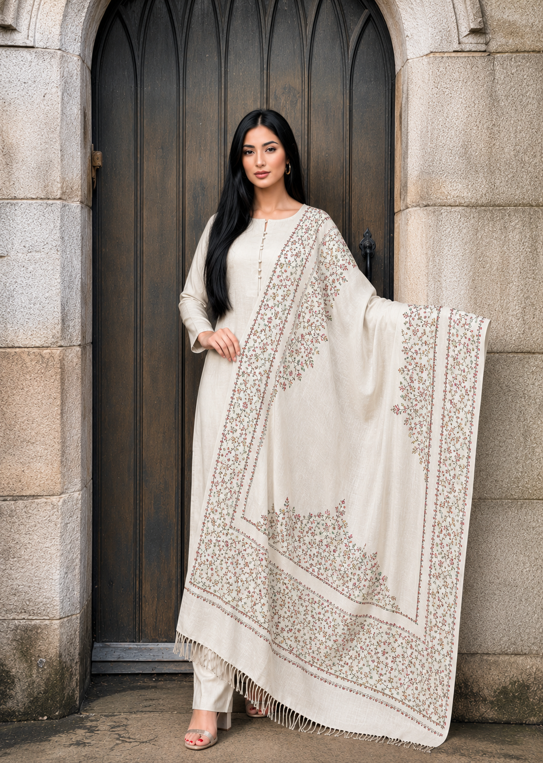 3PC Pashmina Unstitched Suit (Milky White)