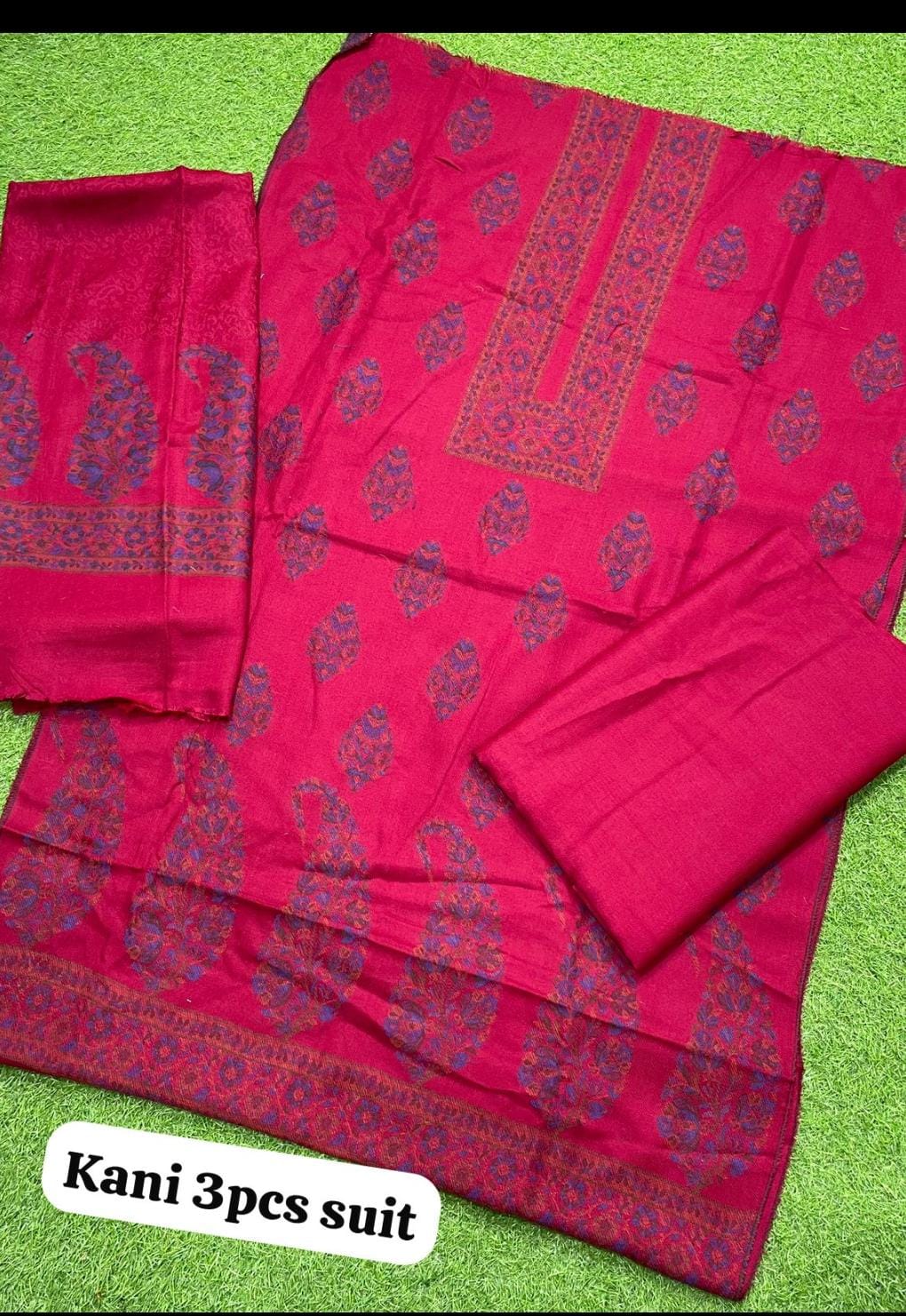 3PC Pashmina Kaani Unstitched Suit (Ruby)
