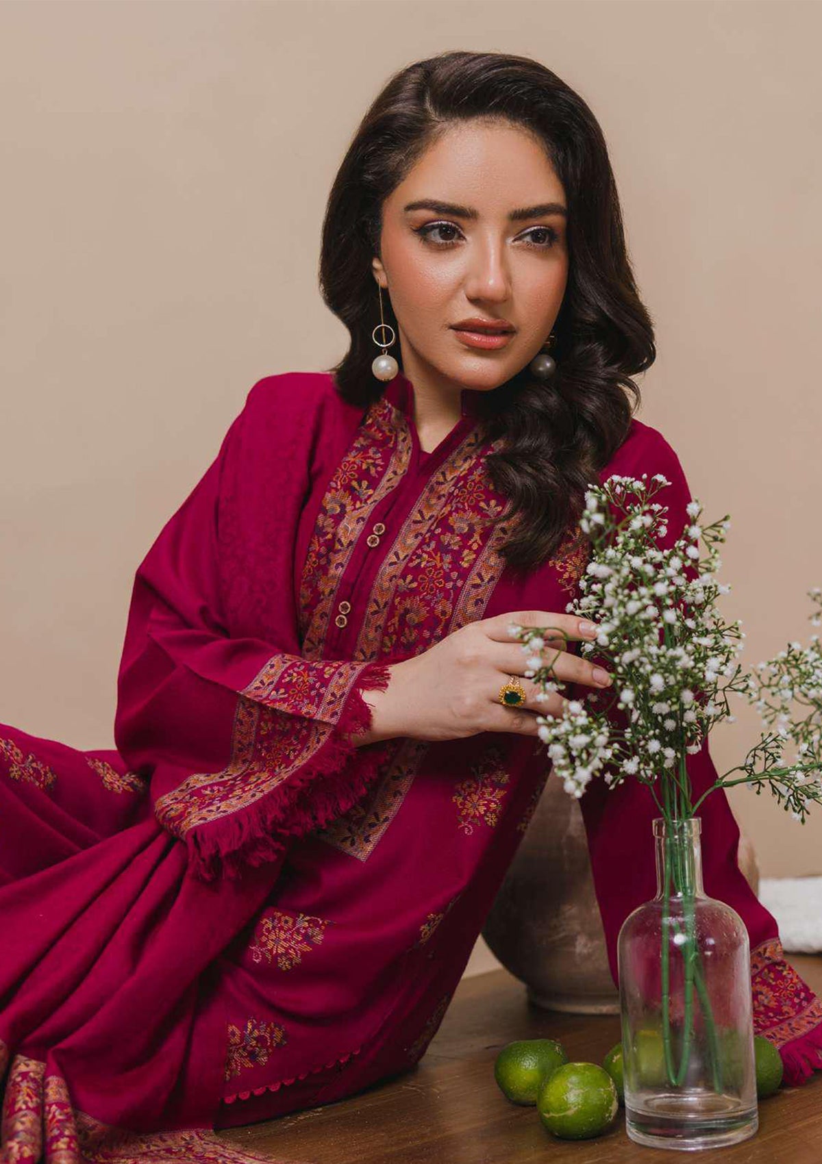 3PC Pashmina Kaani Unstitched Suit (Ruby)