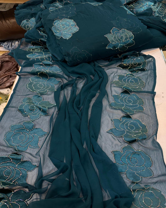 Chiffon velvet applic work 3pc