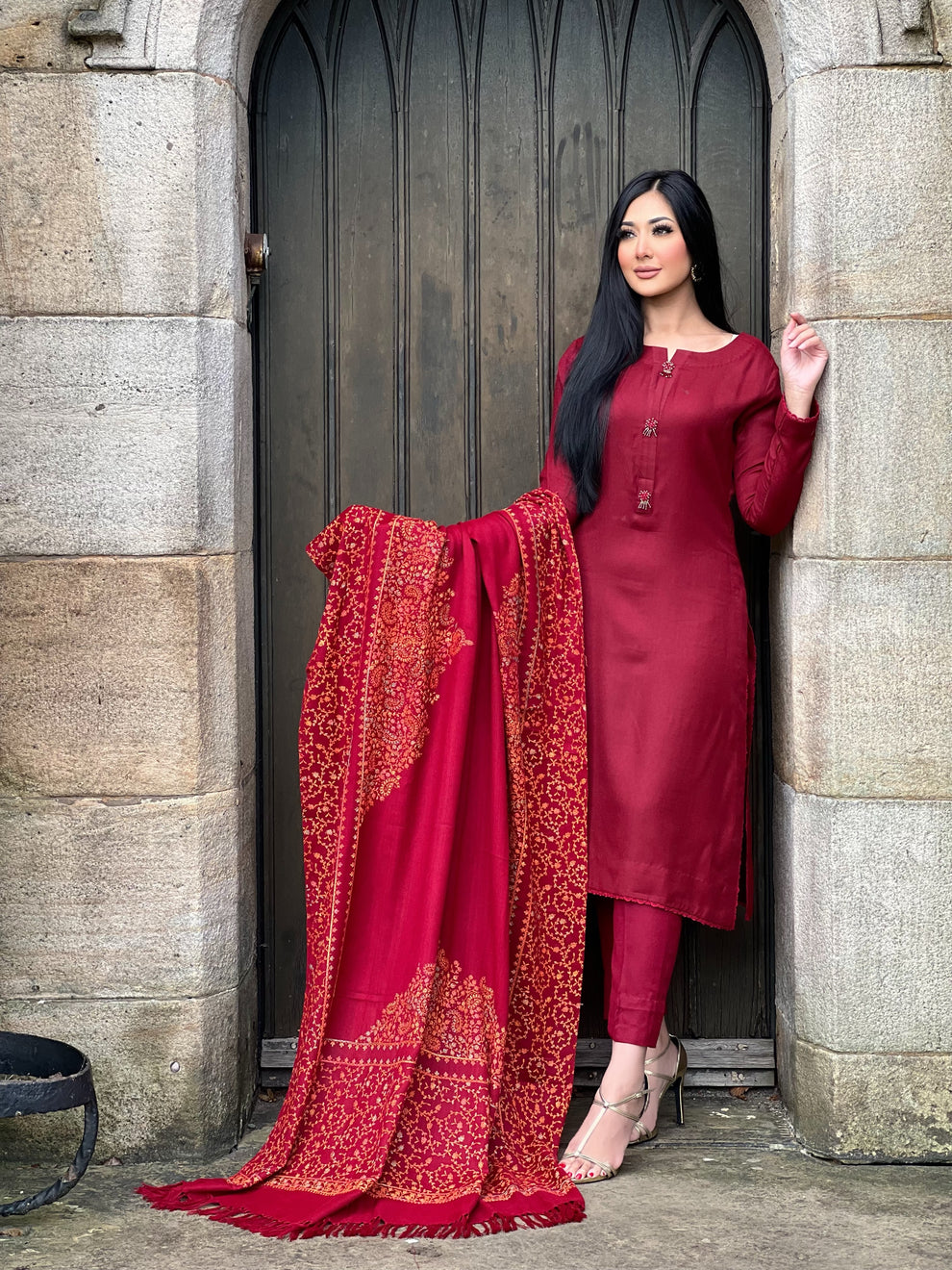 3PC Pashmina Unstitched Suit (Maroon)