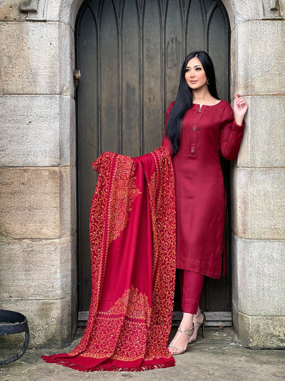 3PC Pashmina Unstitched Suit (Maroon)
