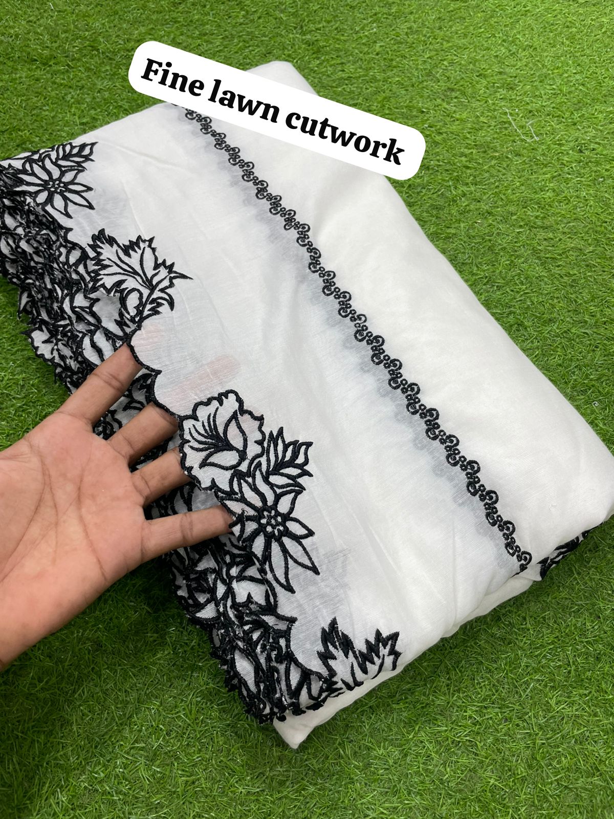 Voile Lawn White On Black Leaves with Flowers bunch