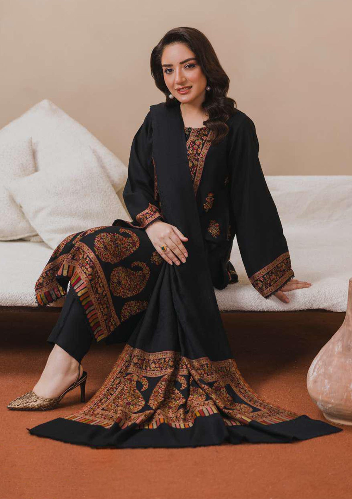 3PC Pashmina Kaani Unstitched Suit (Black)