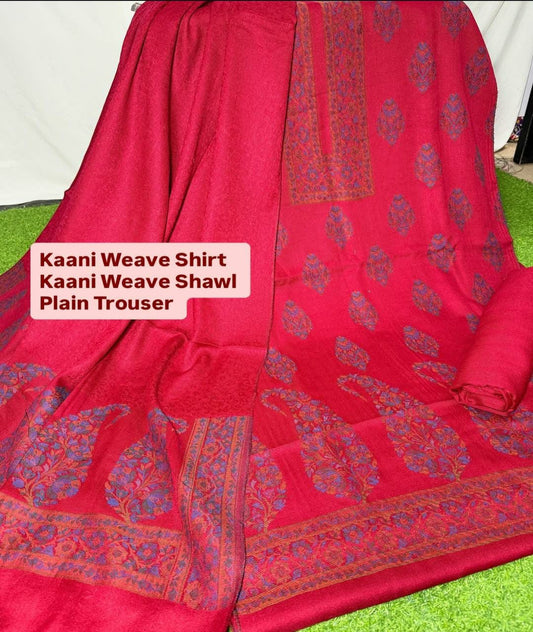 3PC Pashmina Kaani Unstitched Suit (Ruby)