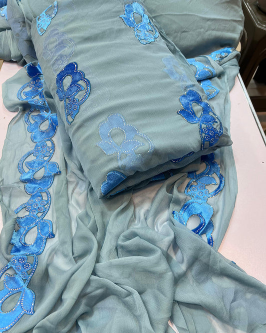 Chiffon velvet applic work 3pc