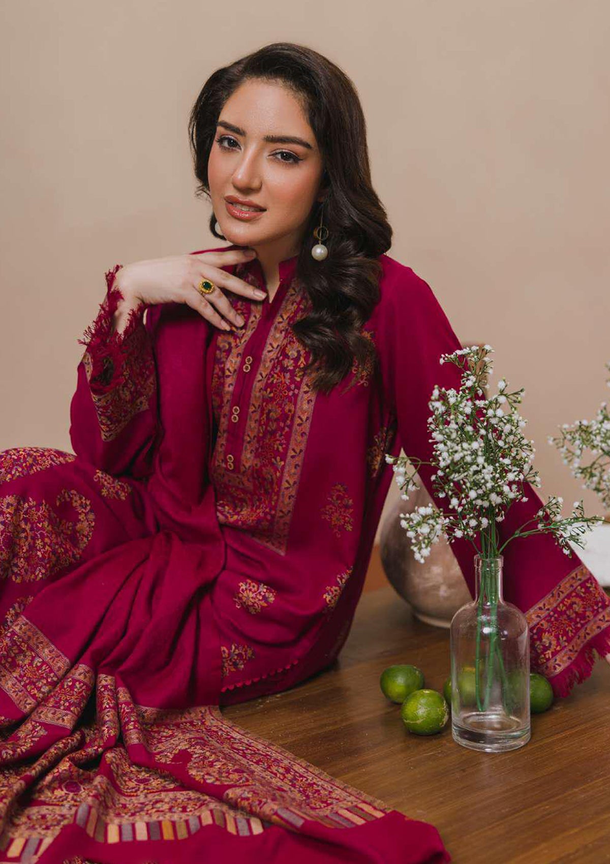 3PC Pashmina Kaani Unstitched Suit (Ruby)
