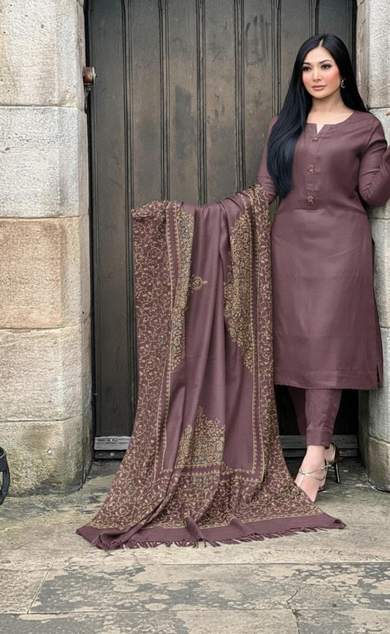 3PC Pashmina Unstitched Suit (Lilac)