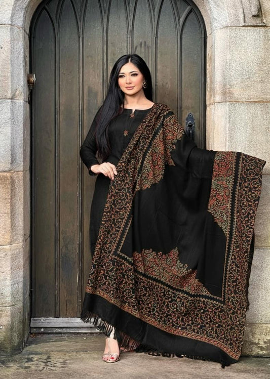 3PC Pashmina Unstitched Suit (Black)