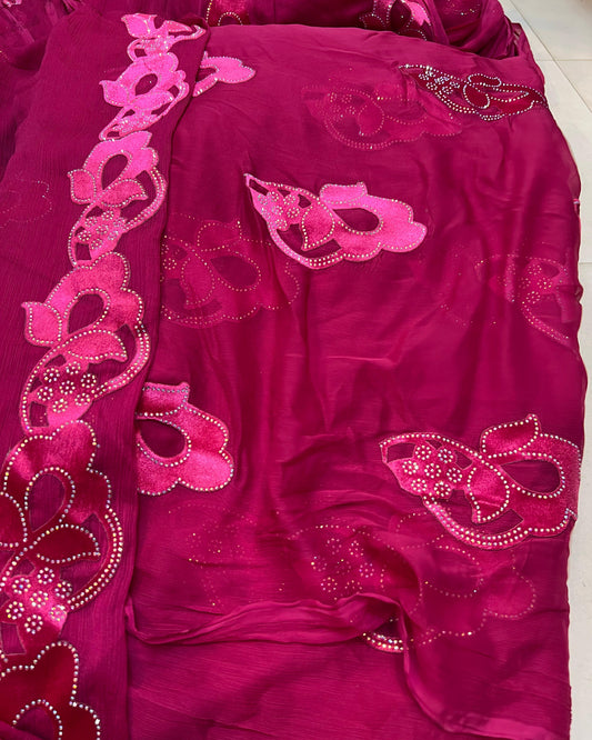 Chiffon velvet applic work 3pc
