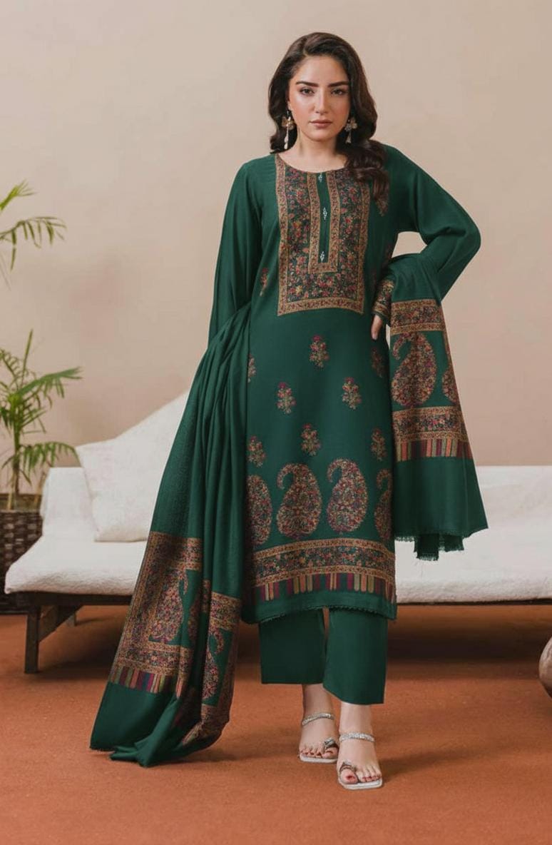 3PC Pashmina Kaani Unstitched Suit (Green)