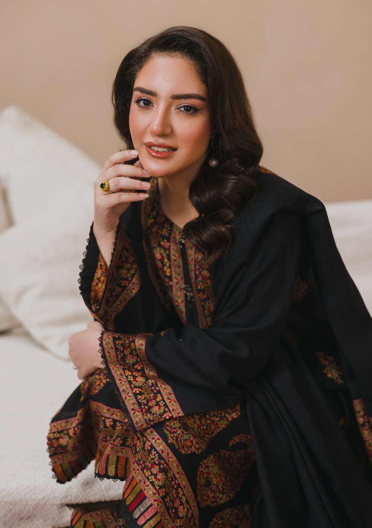 3PC Pashmina Kaani Unstitched Suit (Black)