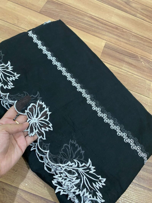 Voile Lawn Black On White Leaf with Flower