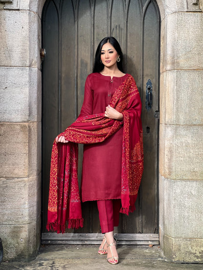 3PC Pashmina Unstitched Suit (Maroon)