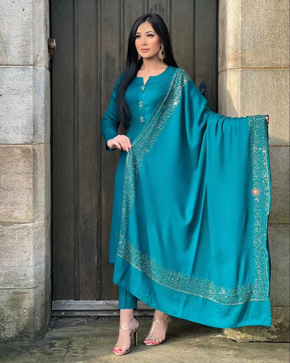 3PC Pashmina Saroski Unstitched Suit (zinc)