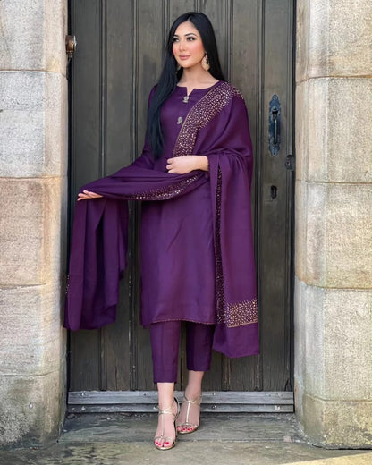 3PC Pashmina Saroski Unstitched Suit (Purple)