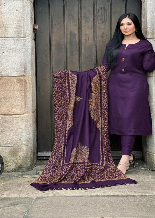 3PC Pashmina Unstitched Suit (Dark Purple)