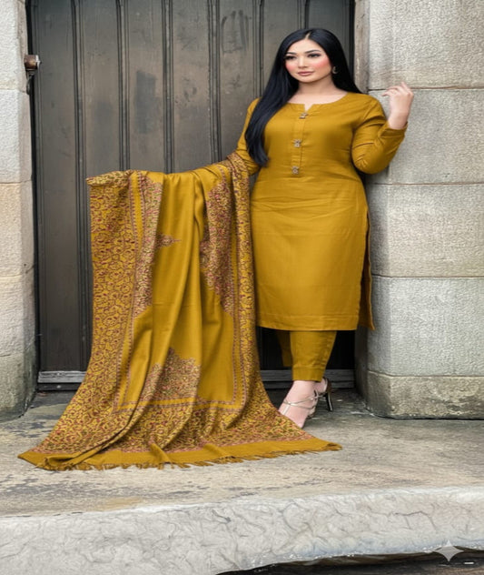 3PC Pashmina Unstitched Suit (Mustred)