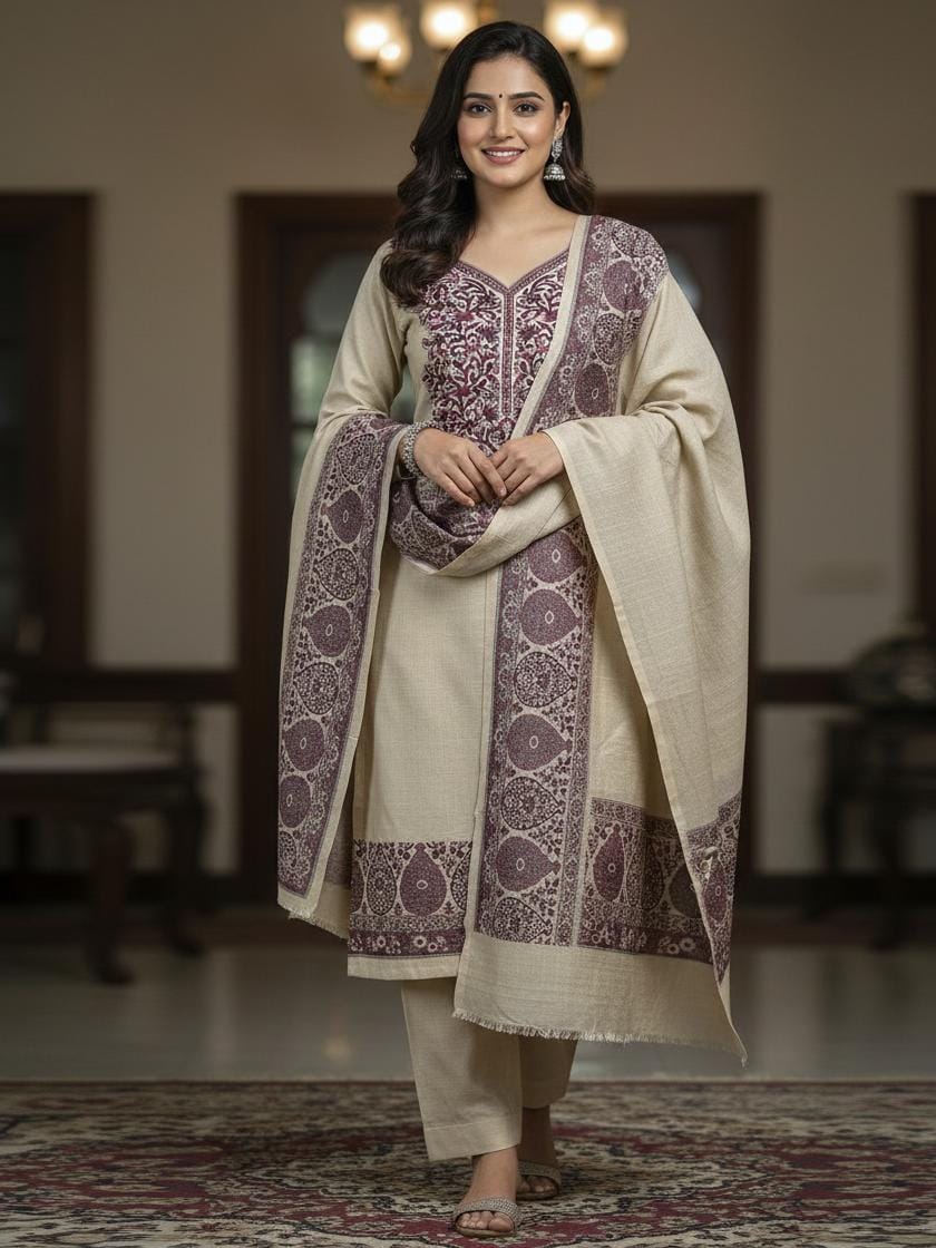 3PC Pashmina Kaani Unstitched Suit dark skin