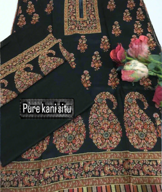 3PC Pashmina Kaani Unstitched Suit (Black)