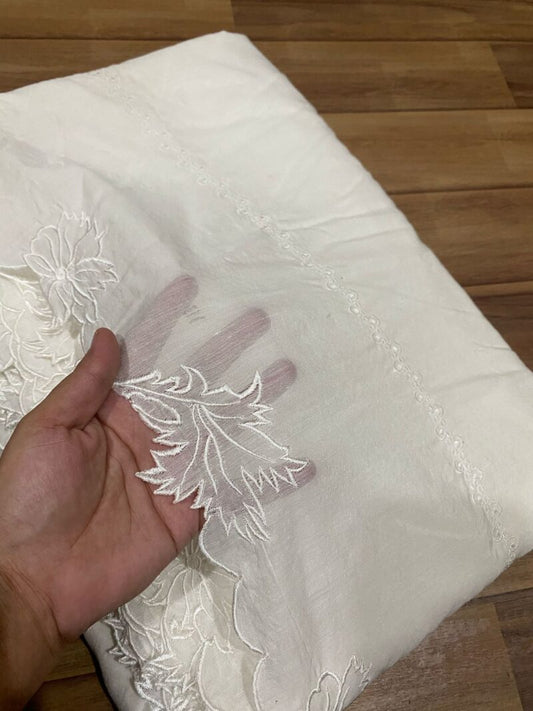 Voile Lawn White On White Leaf with Flower