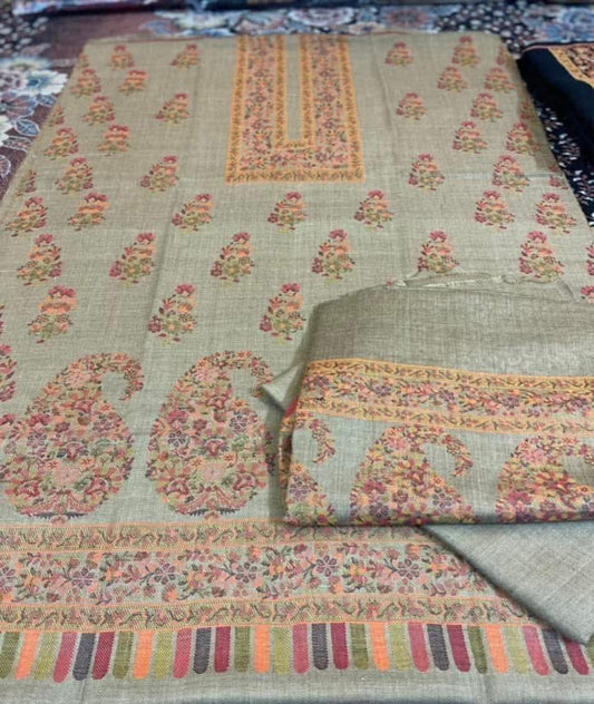 3PC Pashmina Kaani Unstitched Suit (Skin grey)