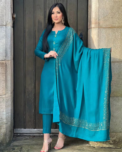 3PC Pashmina Saroski Unstitched Suit (zinc)