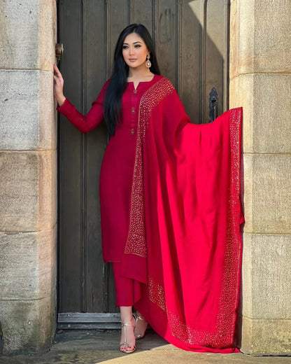 3PC Pashmina Saroski Unstitched Suit (Maroon)