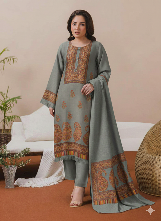 3PC Pashmina Kaani Unstitched Suit (Grey)