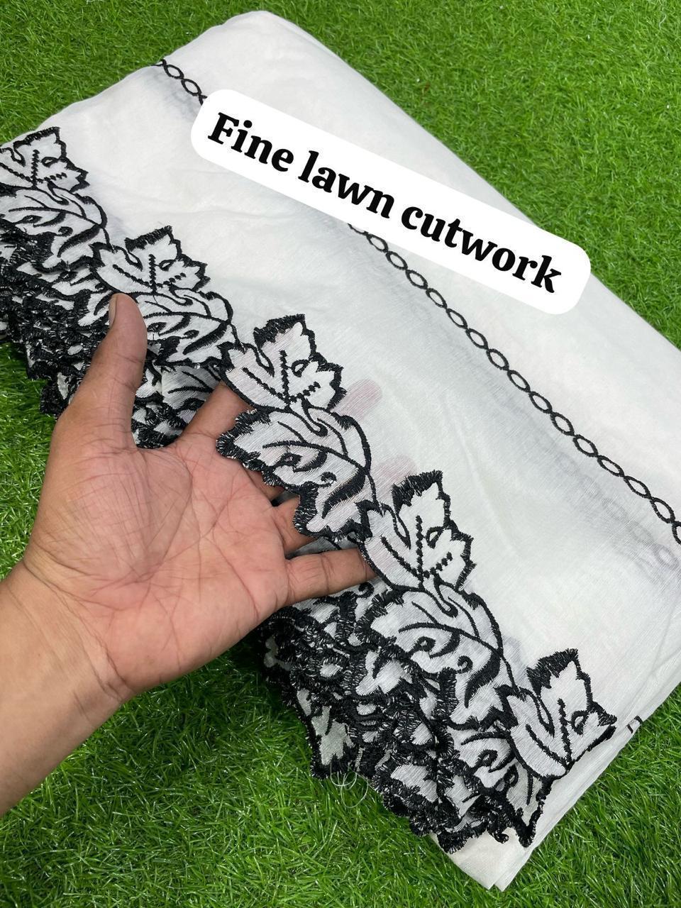 Voile Lawn White On Black Cutwork Leaves