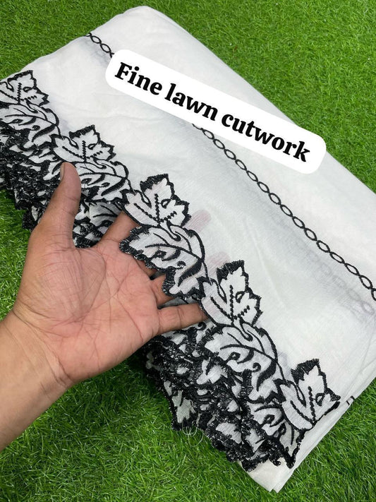 Voile Lawn White On Black Cutwork Leaves