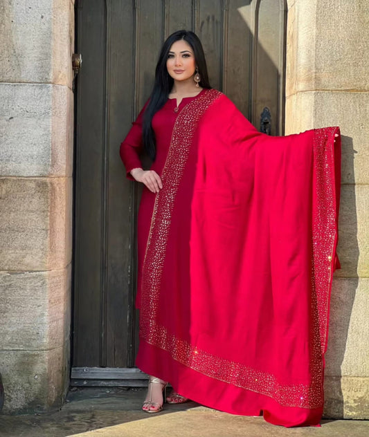 3PC Pashmina Saroski Unstitched Suit (Maroon)