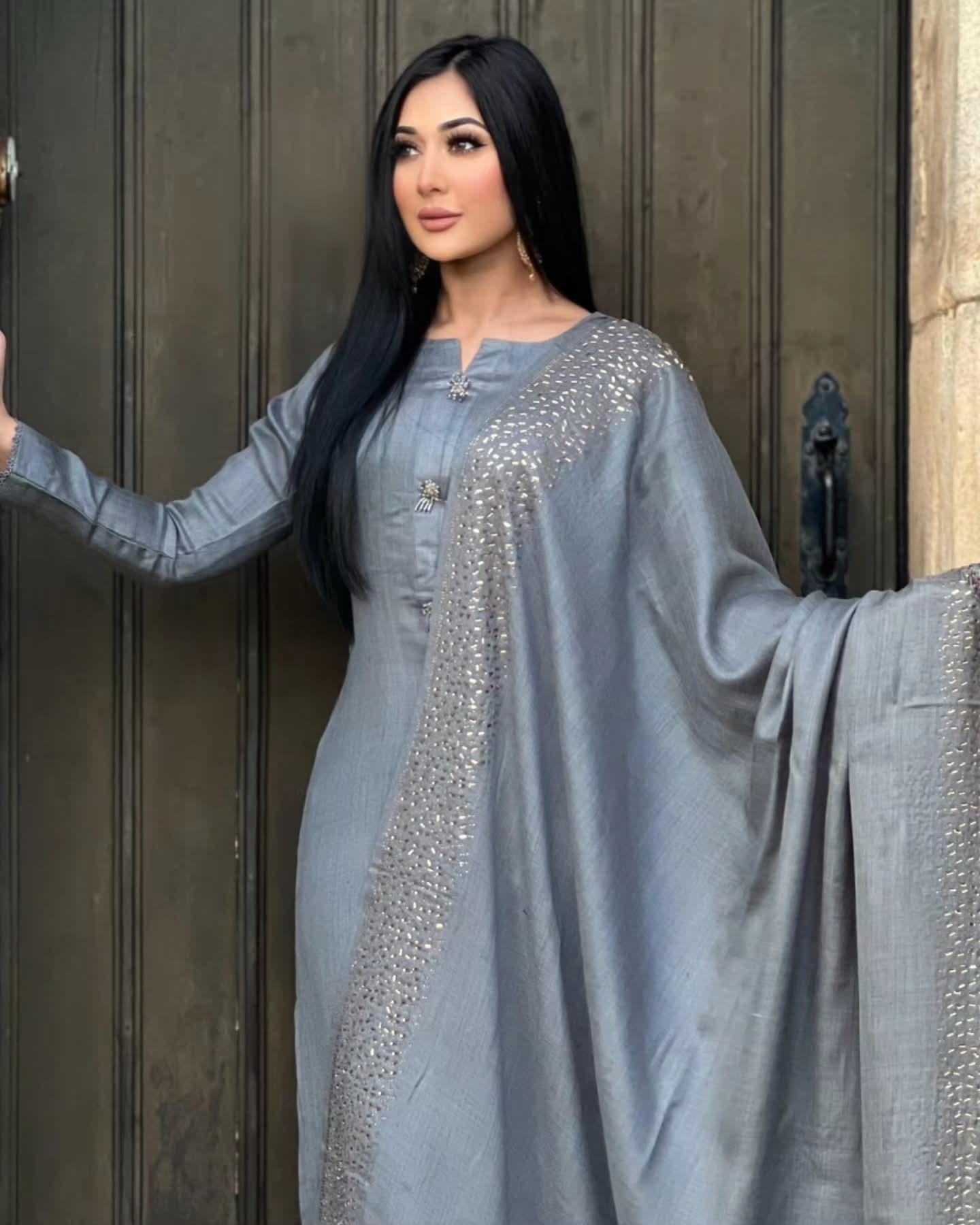3PC Pashmina Saroski Unstitched Suit (Grey)
